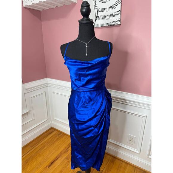 Amanda Uprichard Jasalina Dress in Branson Blue Large Satin Backless Cross Strap - Picture 2 of 10